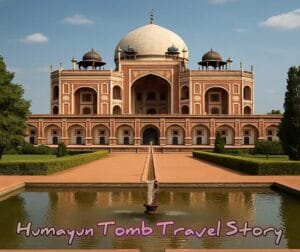 Humayun Tomb Delhi main entrance with red sandstone and white marble dome at sunrise